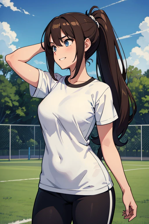 [((masterpiece)), ((HD)), ((high res)), ((solo portrait)), ((waist-up)), ((front view)), ((detailed shading)), ((soft textures)), ((intricate details)), ((anime girl)), ((cinematic)), {attractive; ((athletic 36 year old woman)), (brown hair), (long ponytail), (cute blue eyes), ((athletic body)), (curvy hips), (beautiful legs), (cute grin)}, {(white gym T-shirt), (Black gym sweat pants)}, {(standing), (hand on head), (looking ahead), (looking away)}, [background; (grass plains), (school soccer field), (blue sky), (clouds in sky), (ambient lighting)]
