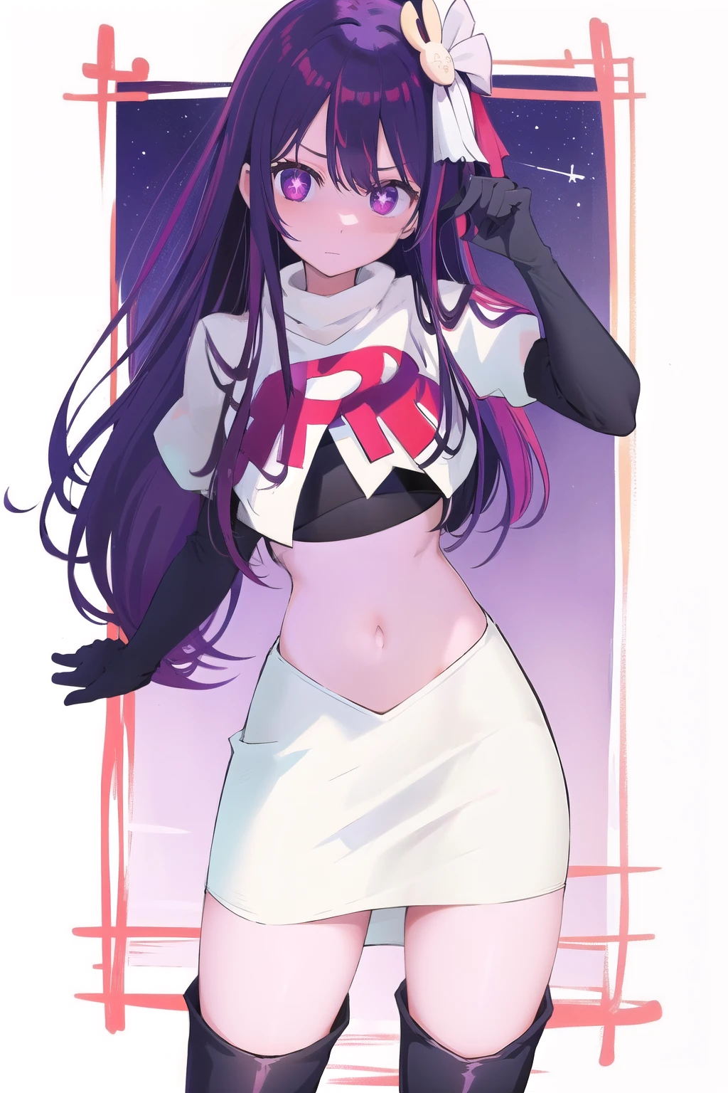 1girl, Hoshino Ai, long hair, purple hair, streaked hair ,purple eyes, star-shaped pupils, hair ornament, team rocket,team rocket uniform,white skirt,red letter R,crop top,black thigh-highs,black elbow gloves