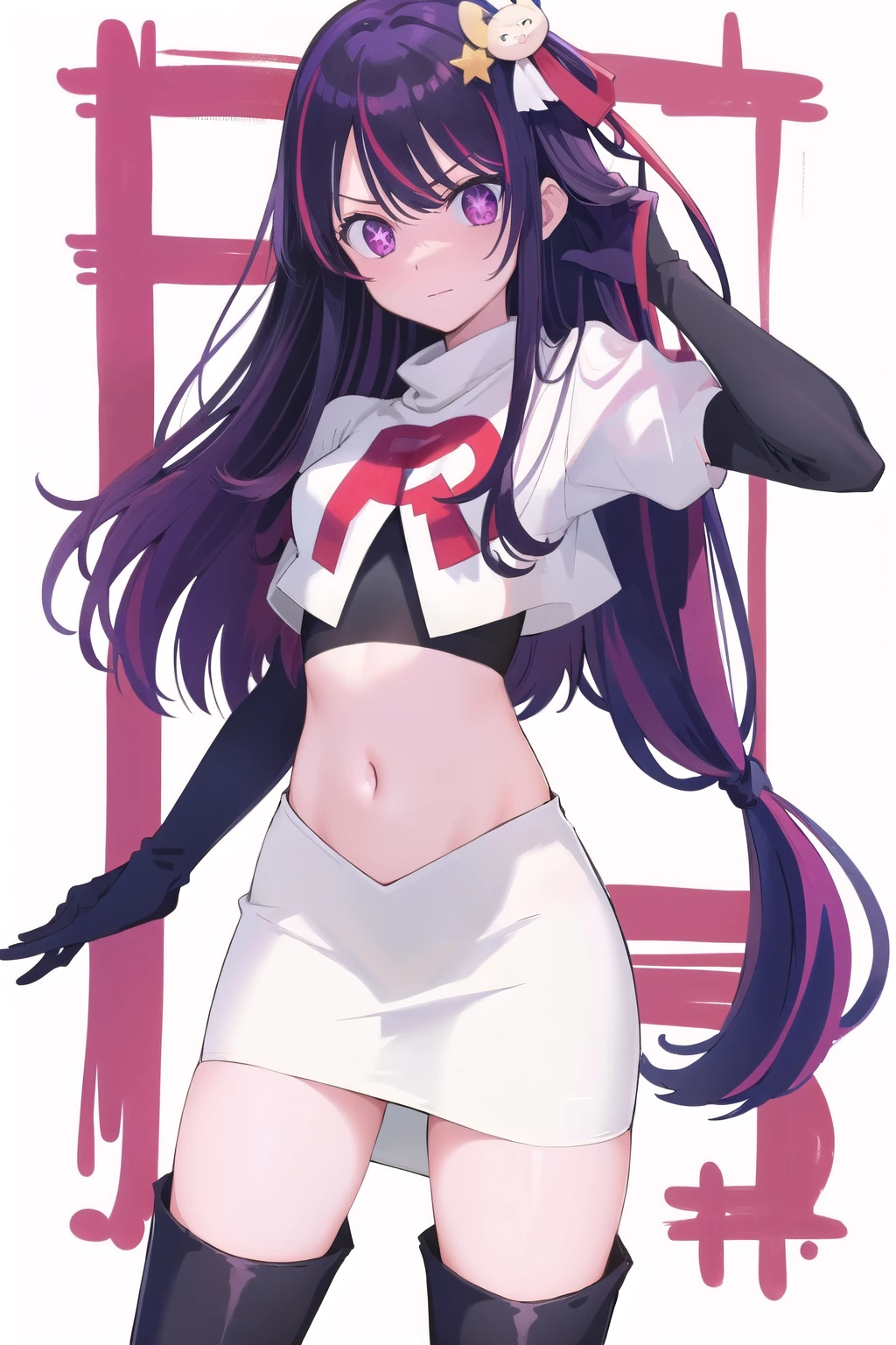 1girl, Hoshino Ai, long hair, purple hair, streaked hair ,purple eyes, star-shaped pupils, hair ornament, team rocket,team rocket uniform,white skirt,red letter R,crop top,black thigh-highs,black elbow gloves