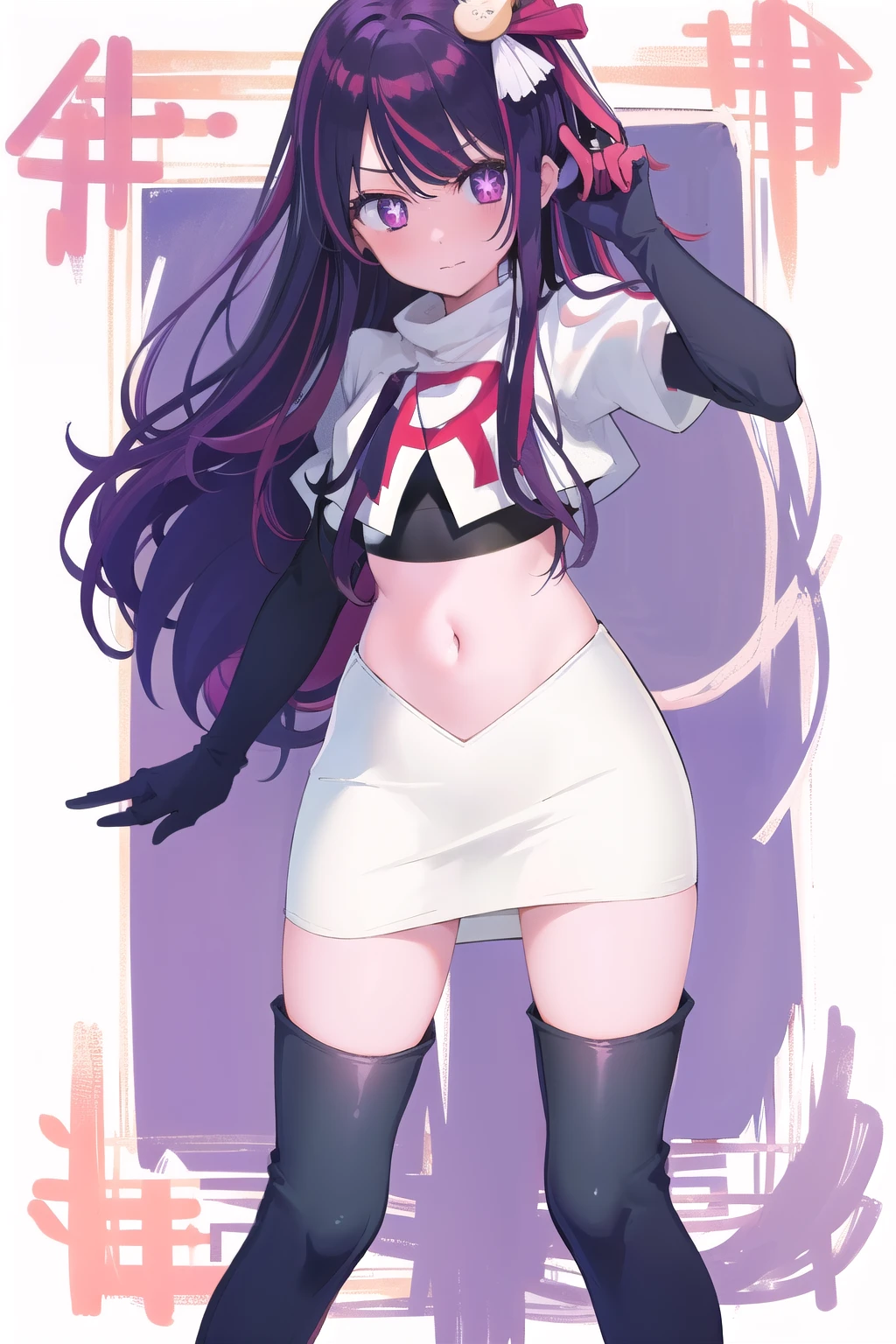 1girl, Hoshino Ai, long hair, purple hair, streaked hair ,purple eyes, star-shaped pupils, hair ornament, team rocket,team rocket uniform,white skirt,red letter R,crop top,black thigh-highs,black elbow gloves
