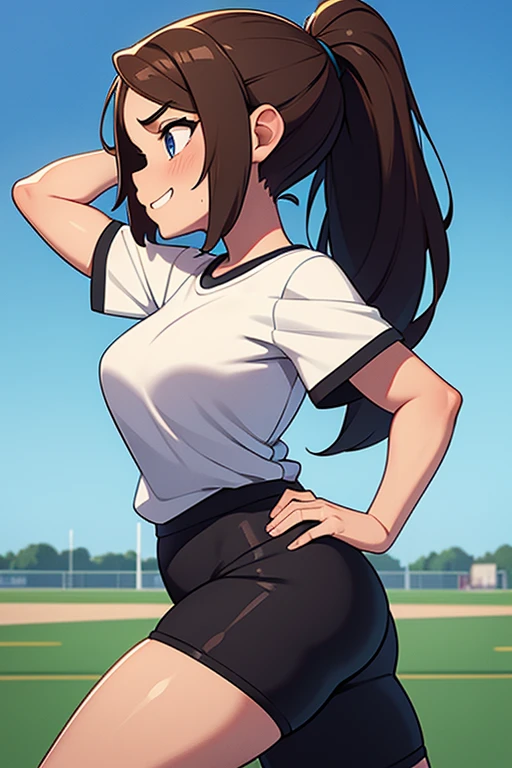 [((masterpiece)), ((HD)), ((high res)), ((solo portrait)), ((waist-up)), ((front view)), ((detailed shading)), ((soft textures)), ((intricate details)), ((anime girl)), ((cinematic)), {attractive; ((athletic 36 year old woman)), (brown hair), (short ponytail), (cute blue eyes), ((athletic body)), (curvy hips), (beautiful legs), (cute grin)}, {(white gym T-shirt), (Black gym sweat pants)}, {(standing), (hand on head), (looking ahead), (looking away)}, [background; (grass plains), (school soccer field), (blue sky), (clouds in sky), (ambient lighting)]
