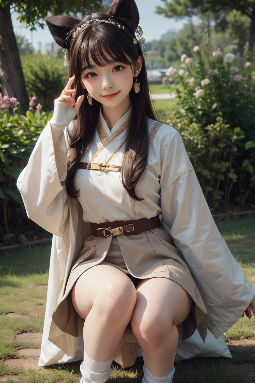 ((cute face,brown eye)),girl, ancient chinese costume, full body, sunlight, clear face, clean white background, masterpiece, super detailed, epic composition, ultra hd, high quality, very detailed, official art, uniform 8k wallpaper, super detailed, 32k, smiling face