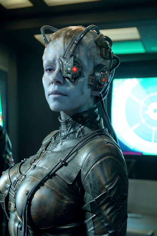 andorian woman, blue skin, white hair, antennae, leather armor,  veins popping out on her skin. She is being brainwashed into becoming a Borg, with an eyepatch covering one eye. There are cables attached to her body, merging with her flesh. The overall scene has a luma effect, giving it a surreal glow. The woman's face is extremely detailed, with intricate features and expressions. Her eyes are particularly captivating, with a mesmerizing quality to them. The image is of the highest quality, with 4K resolution and ultra-detailed rendering. It has a realistic and photorealistic appearance, almost resembling a masterpiece. The art style leans towards a cyberpunk concept, with a fusion of sci-fi elements. The color tone is dominated by shades of blue, giving it a cold and futuristic atmosphere. The lighting is dramatic, with bright highlights and deep shadows, adding intensity to