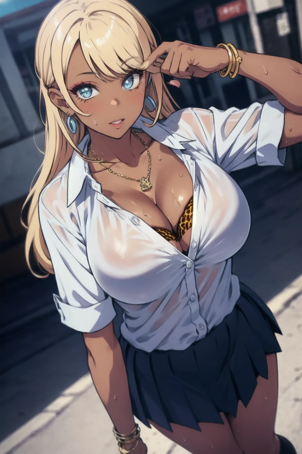 masterpiece, best quality, 1girl, solo, breasts, cleavage, blonde hair, long hair, parted bangs, blue eyes, looking at viewer, sweat, large breasts, (dark skin:1.3), white collared shirt, pleated skirt, flashy gyaru, happy, showy,too many accessories, colorful , kogal, kogal gyaru, necklace, earrings, bracelet, bra peak, leopard print, makeup, school, (ai's pose)