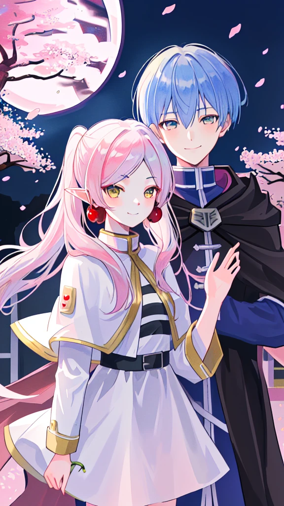 masterpiece, best quality, highres, 1girl frieren, white capelet striped shirt dress, 1boy himmel, cloak uniform smile, (cherry blossoms, cherry blossom, midnight, moon:1.3)