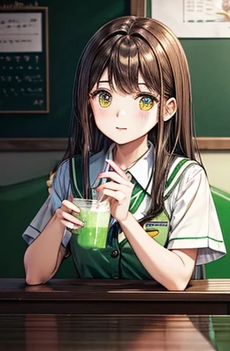 A high school girl with medium brown hair wearing a uniform。Drinking a green melon float at a cafe