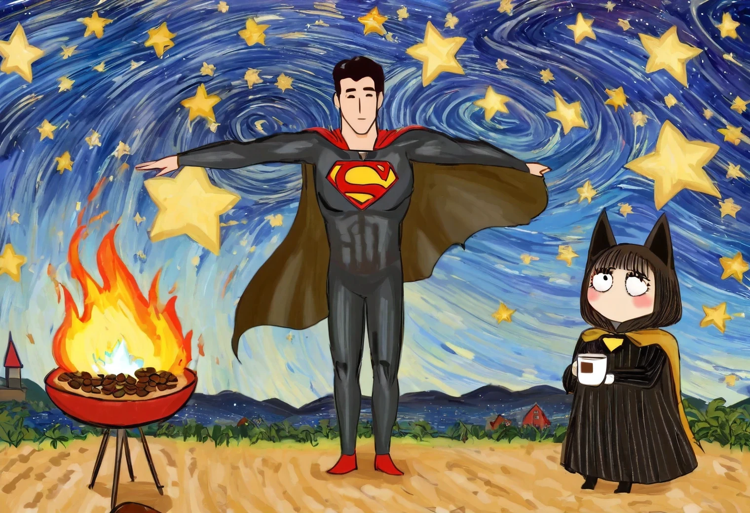 Superman and Batman sit at Campfire and drink coffee, starry night, realistic anime style, inspired by Edward Gorey, full correspondence with the style of Edward Gorey, Mark Ryden,