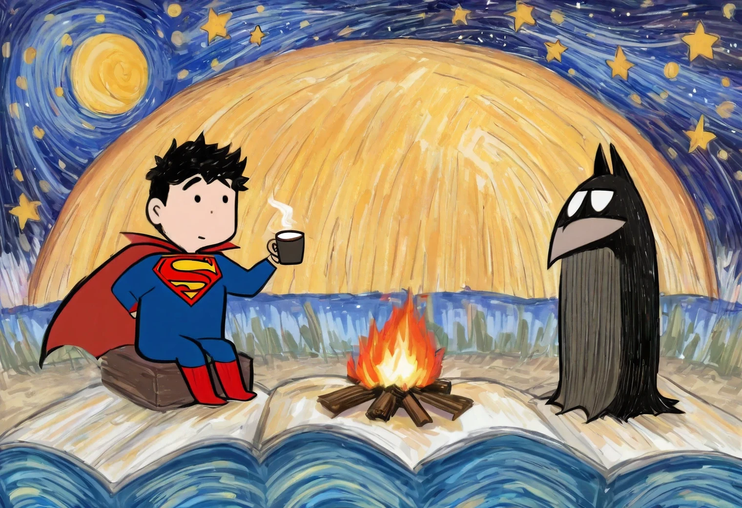 Superman and Batman sit at Campfire and drink coffee, starry night, realistic anime style, inspired by Edward Gorey, full correspondence with the style of Edward Gorey, Mark Ryden,