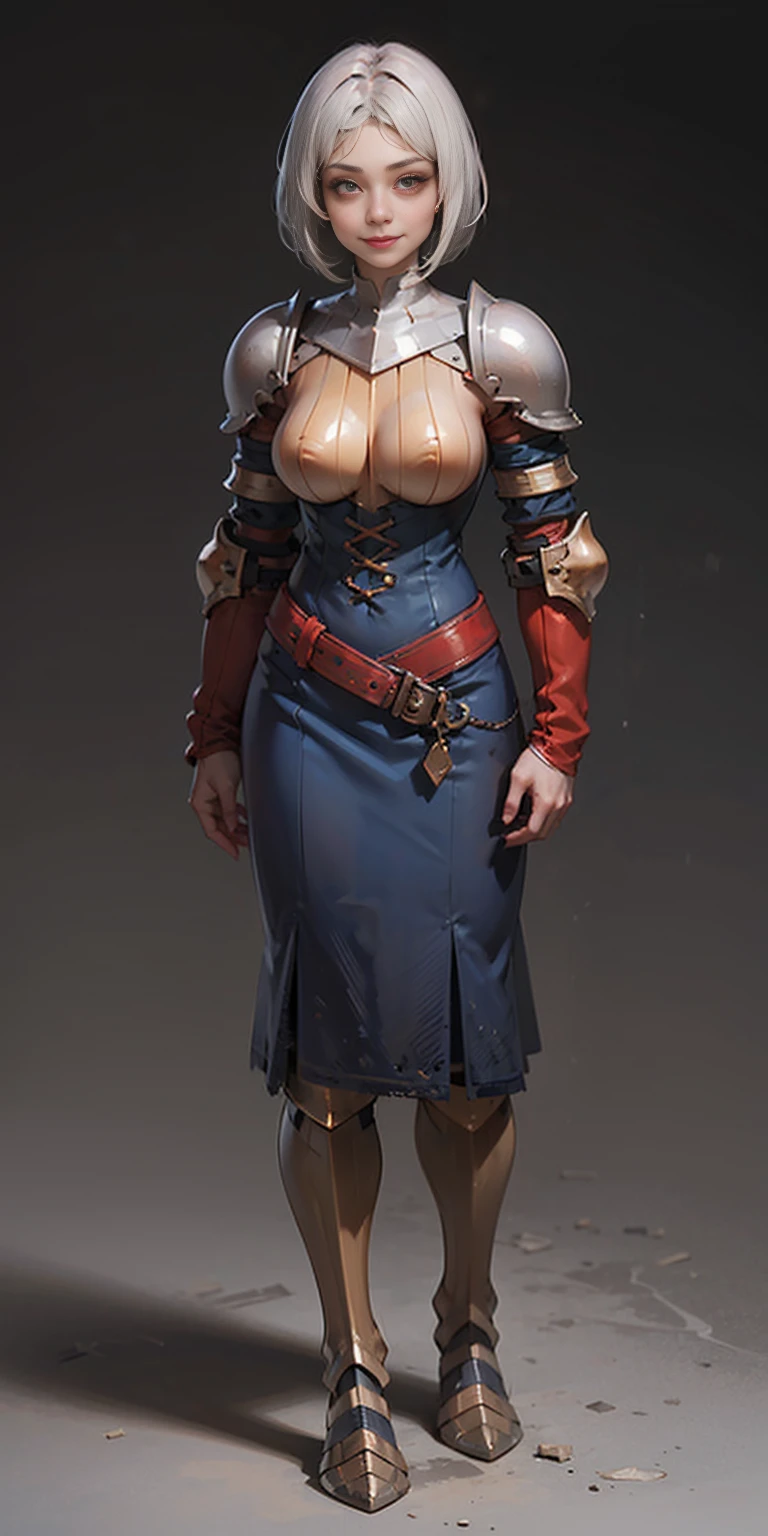 (gray background)(masterpiece) ultra-detailed solo 1girl hands on sides medium breasts, (full body standing), RED EYES detailed eyes, full plate armor, confident smile, staring at the viewer, silver white hair, short bob style hair