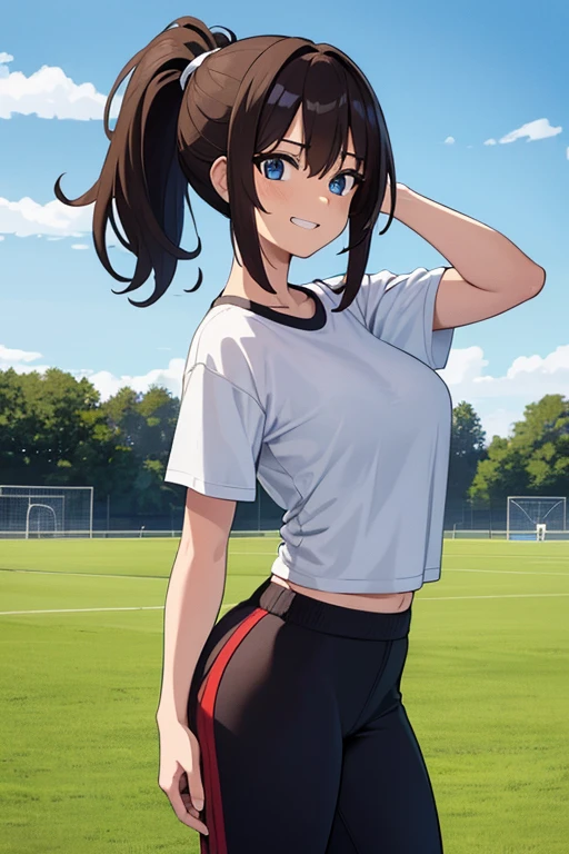 [((masterpiece)), ((HD)), ((high res)), ((solo portrait)), ((waist-up)), ((front view)), ((detailed shading)), ((soft textures)), ((intricate details)), ((anime girl)), ((cinematic)), {attractive; ((athletic 36 year old woman)), (short brown hair), ( ponytail), (cute blue eyes), ((athletic body)), (curvy hips), (beautiful legs), (cute grin)}, {(white gym T-shirt), (Black gym sweat pants)}, {(standing), (hand on head), (looking at viewer)}, [background; (grass plains), (school soccer field), (blue sky), (clouds in sky), (ambient lighting)]
