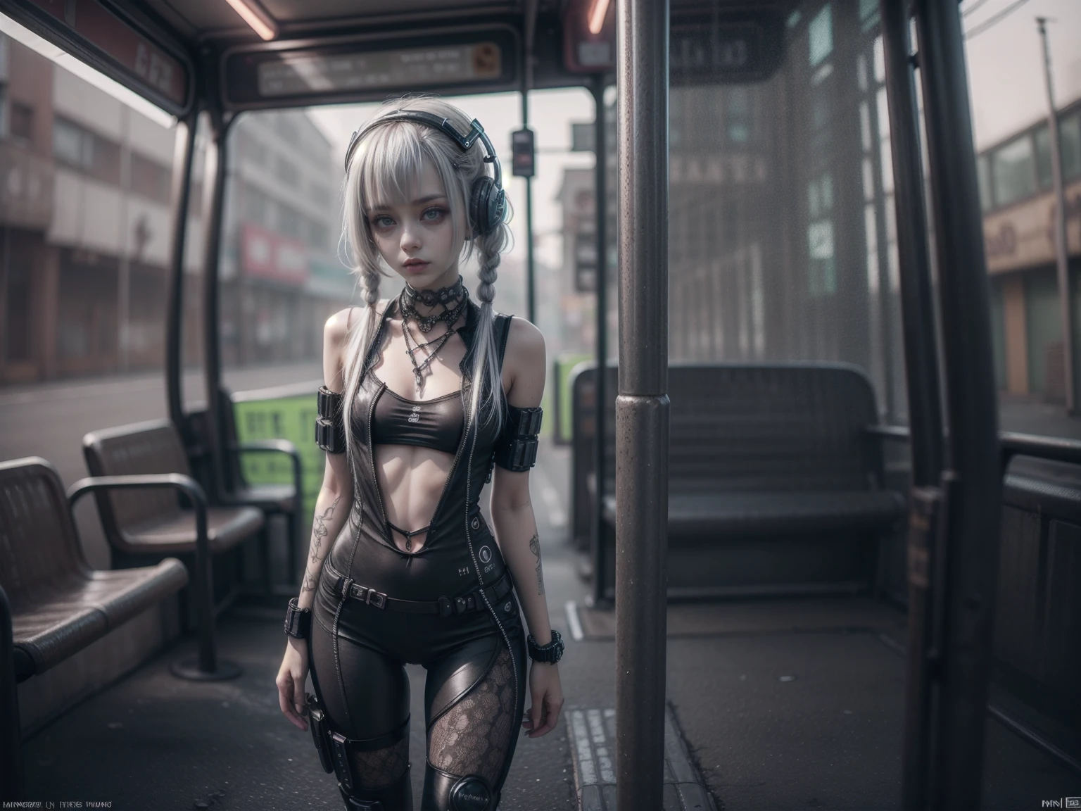 1girl, innocent, alone, ((waiting a bus:1.5)), (view_from_front:1.5), (instagram yanakryukova), (seductive_facial_expression:1.4), sweety, cute, kawaii, perfect face, galactic_young_princess, ((little breasts, flat_chested, small chest:1.6)), ((little nipples, natural nipples)), top model figure, (skinny), (perfect little ass, round ass, long legs, slim legs), pale skin, soft skin, caucasian teenager, slender girl, natural make-up on eyes only, perfecteyes, black_eyes, (innocent_looking:1.4), oval jaw, freckles, natural_beauty, (white hair, bright pink hair, dreadlocked pigtails, long bangs, drill hair), ((she is wearing a white transparent lace bodysuit, print white cotton leggings, white transparent lace hoodie, lace collarbone, cleavage cutout, cameltoe, and techwear high boots)), ((wearing an intricate detailed techwear white outfit)), ((cute neon head accesories:1.6)), punk_hair_ornaments, pastel_goth, punk, fantasy_princess, necklace, earring, cute 18 years old girl, skinny young girl, white theme, (bokeh, depth of field, blurry background, light particles, fog), ((detailed sci-fi cyberpunk bus stop background:1.6)), ((real life, realistic, profesional photography, photo_realistic, hyper_realism, ultra-detailed)), photography by Tim Walker, Tim Walker masterpiece, best_quality, 8K, soft tones, pastel tones, low saturation, (contrast:0.3), muted colors, cold light, neon, Ex_Machina_movie, studio light