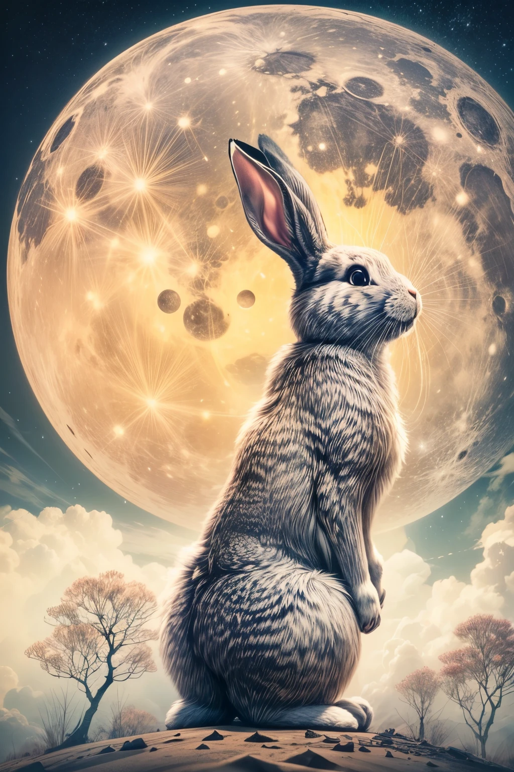 1 Rabbit Moon,The rabbit melts into the moon,Overlapping the moon and the rabbit,Double exposure illustration,huge full moon