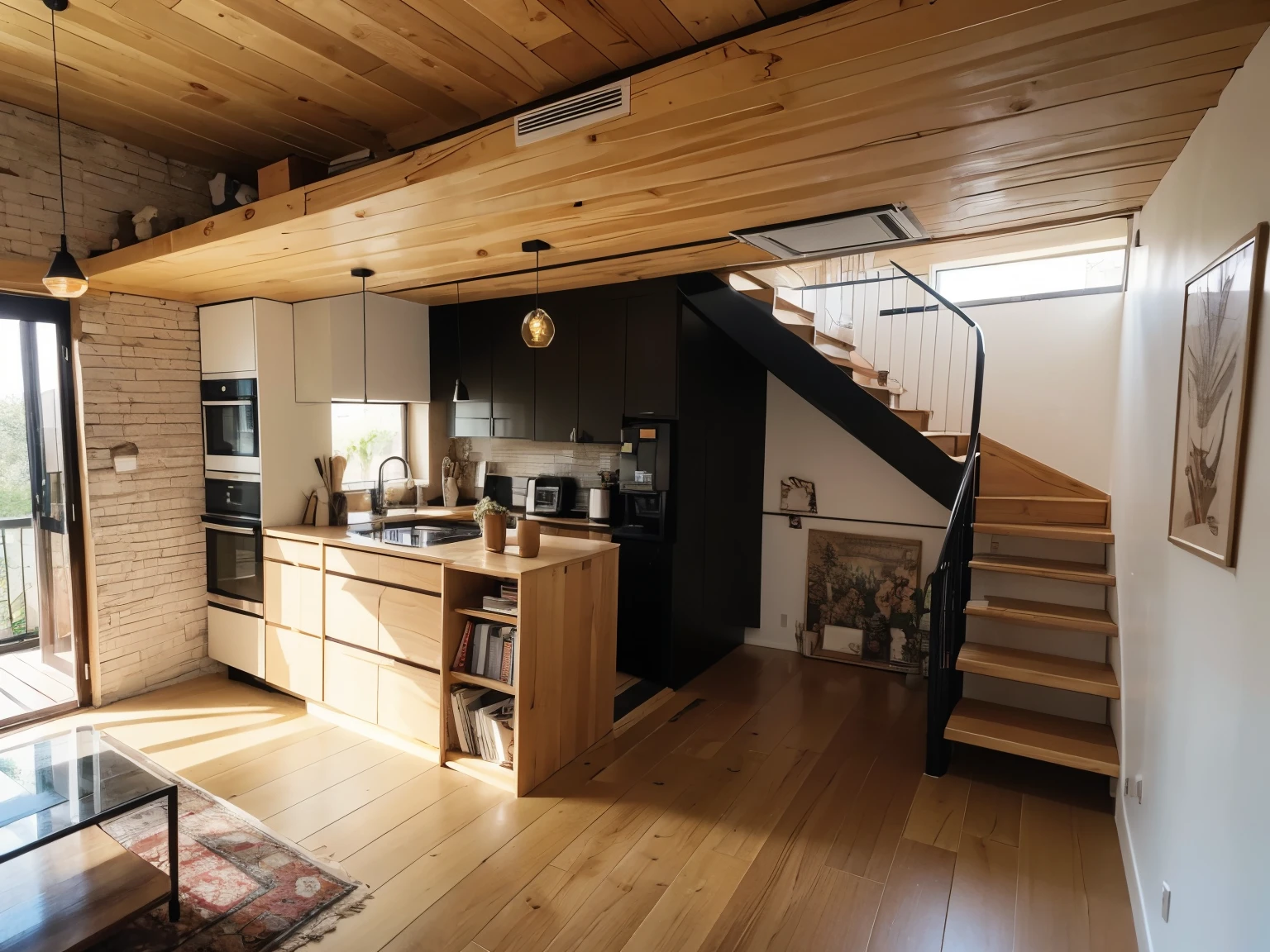 un rendu d&#39;une cuisine et d&#39;un salon avec un escalier, conception d&#39;appartement,  cuisine, maison conceptuelle, interior of&#39;un petit, interior ofe la maison, conception résidentielle, dans le style du réalisme simplifié, complete house, interior of&#39;un loft, vue de perspective, 3/4 vue du dessous, full view of the room, detailed rendering, moderne minimaliste f 2 0 propre, photo d&#39;an interior loft