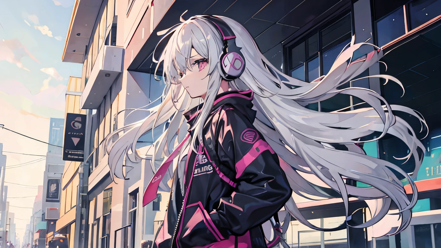 pretty girl, Silver Hair, Long Hair, Disheveled Hair, Shiny Hair, Listening to music,  headphone, stroll, morning