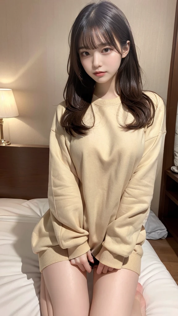 muste piece, best quality, illustration, Super detailed, fine details, High resolution, 8K,wall paper, perfect dynamic composition,(Details High quality, realistic depiction of eyes:1.3), (Fashionable、Beige oversized sweatshirt、long-sleeve), Lying down, twintail, black hair color, Big Natural Color Lip, bold sexy pose, crying a little、cold gaze, Harajuku style、20 year old girl、cute type、ta、beautiful legs, hotel room, hposing Gravure Idol, Voluptuous thighs