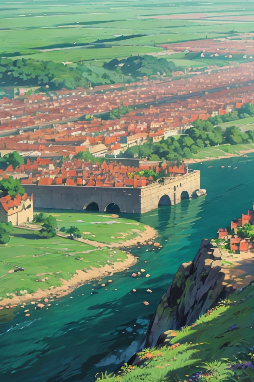 fantasy world, estilo isekai de anime, puerto con vista al mar y la playa, estilo pixel art,