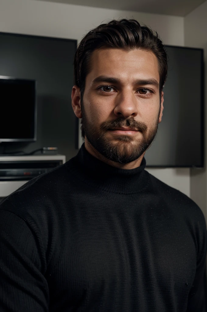 arafed man in a black sweater standing in front of a television, very attractive man with beard, handsome male, attractive man, handsome man, attractive male, portrait shot, light stubble beard, handsome attractive face, handsome and attractive, portrait of a handsome, sophisticated well rounded face, strong masculine features, portrait shot 8 k, beard stubble