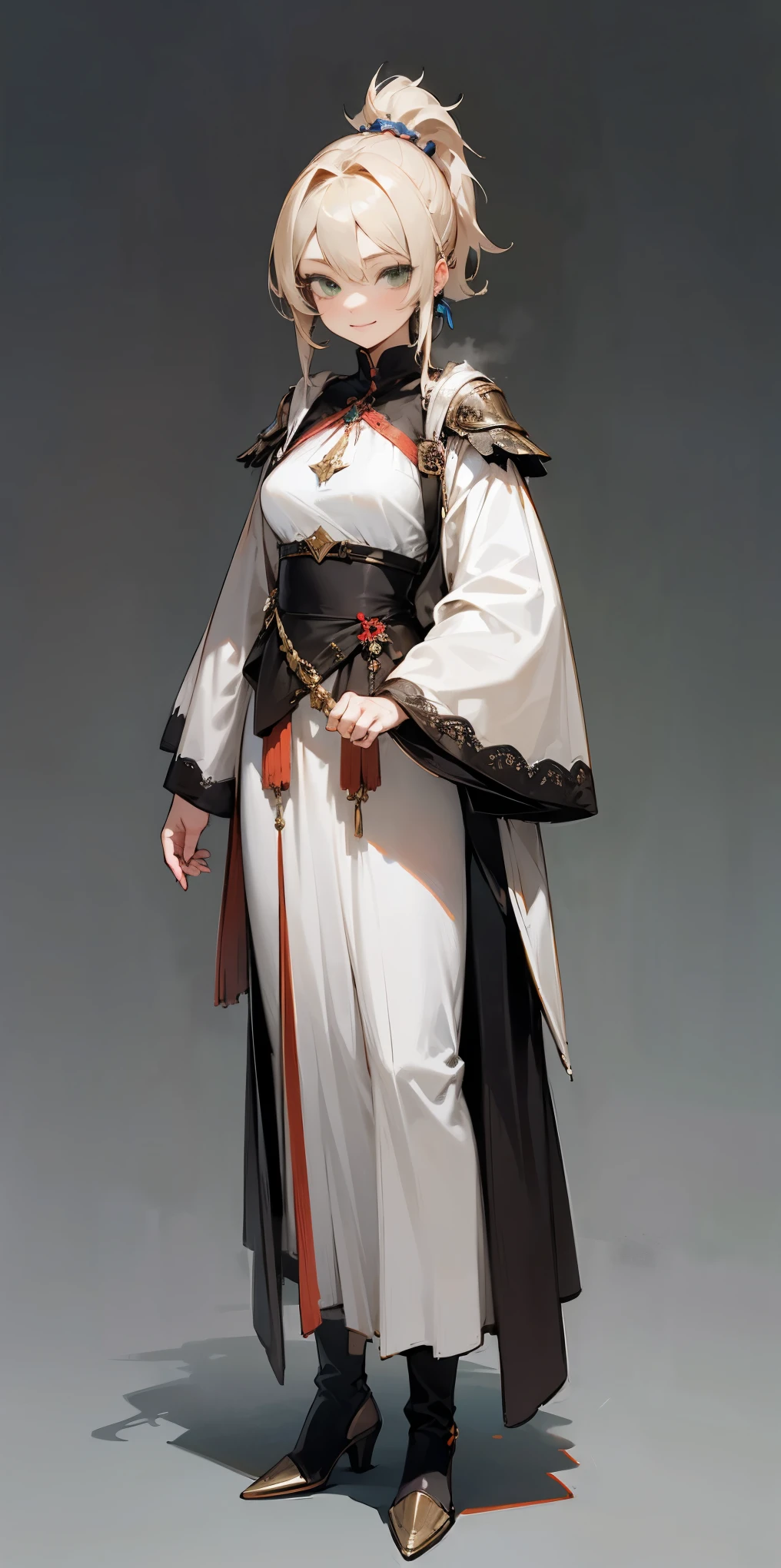 hands on sides, (masterpiece), ultra-detailed, 1girl, detailed eyes, medium breasts, gray background, (full body), green eyes, gray background, full plate armor, confident smile, staring at the viewer, blond hair in a ponytail, standing with a square spike shield