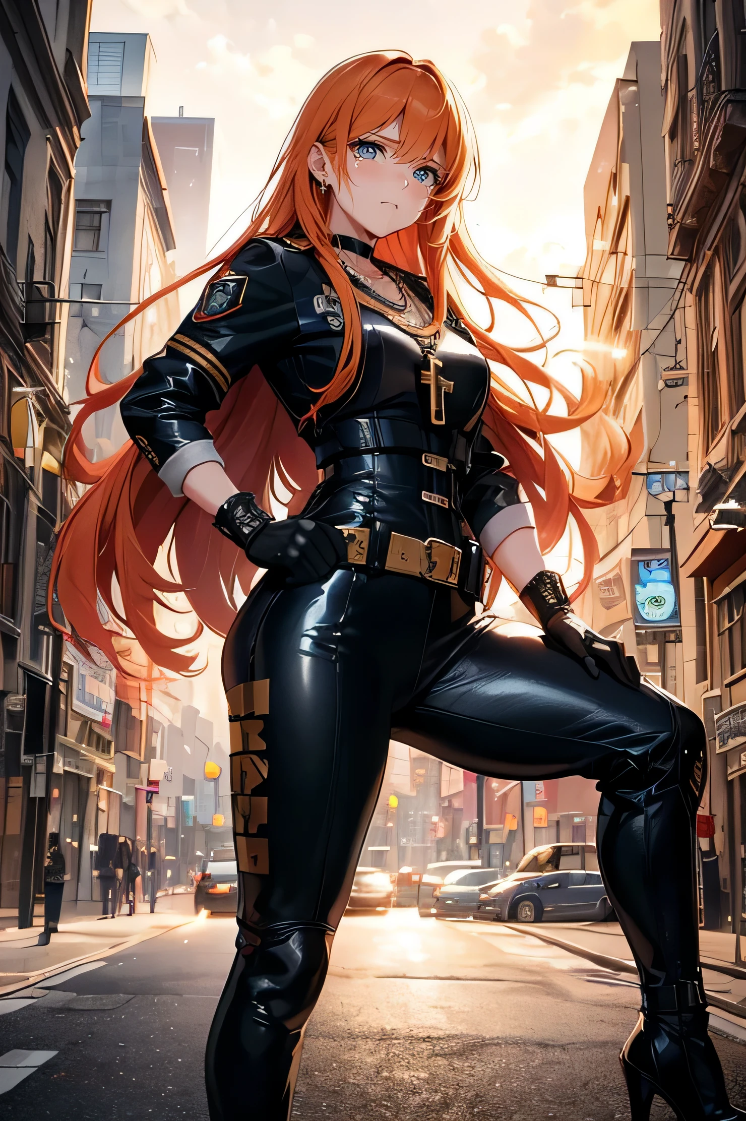 Ginger hair, long hair, straight bangs, police officer, police uniform, woman, illustrations, high-quality, ultra-detailed, realistic, vivid colors, portraits, warm tones, soft lighting. ((Necklace with a cross)). Woman. (police motorcycle) (Sad expression) (tears) (Posing as a model) ((Dynamic pose)) full body, Wearing leather gloves ((mirando al cielo))