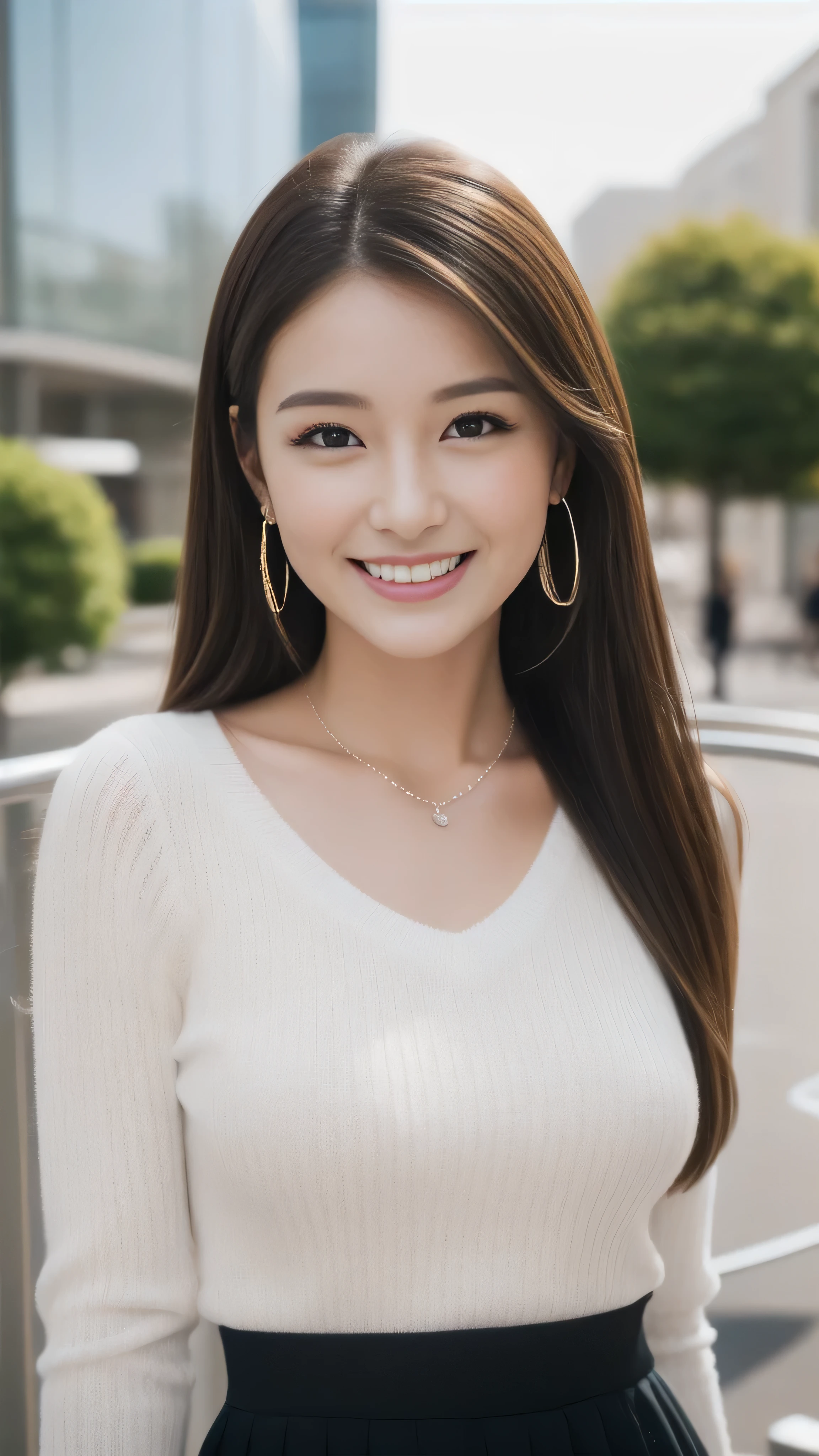 Hostess's face、Married women、Married Woman、Beauty、White knit shirt、skirt、high quality、Super Ultra Realistic、healthy、smile、Perfect figure、Japanese Beauty、 necklace、Earrings、Perfect eyes, beautiful skin、Upper Body、looking at the camera、British downtown、Travel abroad