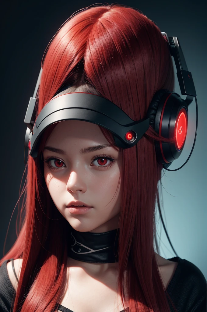 Create a female RPG character with long, straight, full dark red hair, with dark green eyes, wearing modern clothes and with a headset on her head