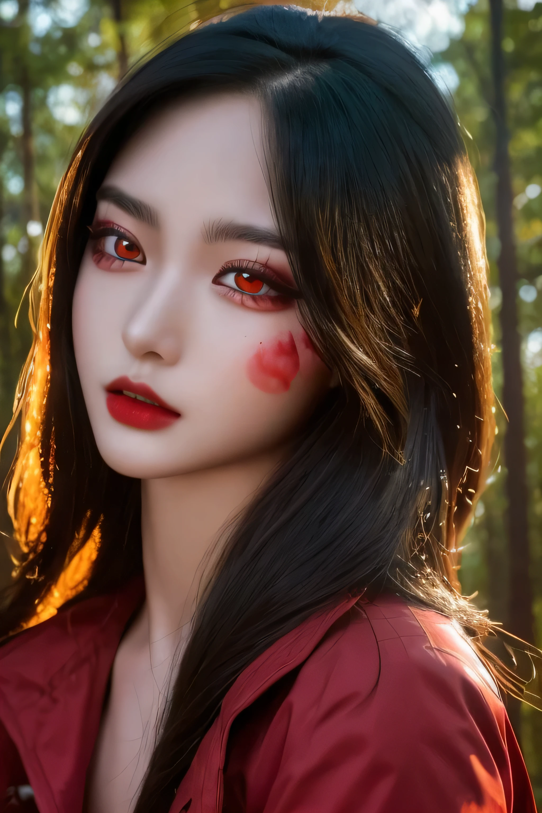 (A Chinese girl:1.2),Oval face,(20 years old:1.5), (Black hair, Long hair:1.9), (breast:1.2),(Perfect lighting:1.5), (BlackLong hair:1.9),(Beautifully detailed blood-red eyes:2.3),(Exquisite and detailed crimson eyes :2.3),photo,Standing,(Forest background:1.3),(White trench coat:1.9),(White shirt:1.4), (Black high-waisted straight leg jeans :1.5), (White boots:1.4), (White boots :1.4),pink tie,(masterpiece),best quality,8K resolution,close up,(Extreme HD),((Ultra-high resolution)),((Ultra HD)),((Very detailed pictures)),(Ultra HD Wallpaper),Realistic photo,High quality shadows,Highlight light and dark,Realistic lighting effects,Movie Lighting,multiple colour,8kmasterpiece,masterpiece,Key Light,acrylic paint,Portrait of a beautiful girl,