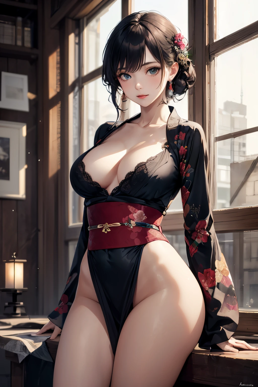 From the front, a mini dress that is a fashionable arrangement of Japanese kimono in a Western style, the ultimate realism woman by Albrecht Dürer and Pieter Brueghel, highly detailed eyes, transparent eyes, photorealism, dynamic lighting, fantasy art. Works, award-winning, highly detailed faces, 4K, masterpieces, one girl, highest image quality, great lighting, tasteful works, volumetric lighting, gentle lights, art award works, feminine movements and poses, skin