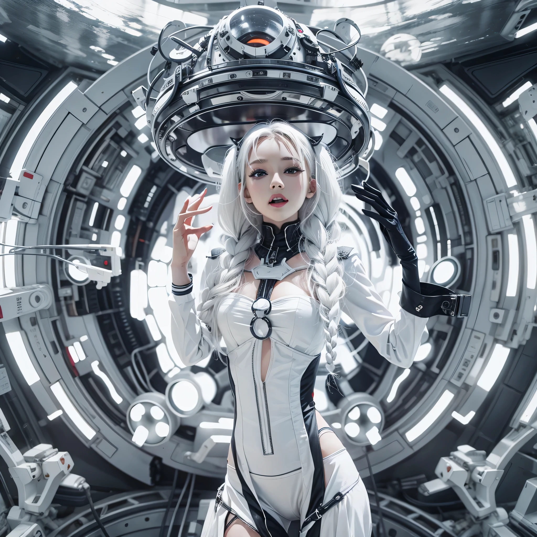 Seductive woman raising hands and shouting Perfect beauty beautidful eyes Beautiful white skin Look at viewers Lustrous lips Joyful smile White hair in braids is standing Sensual Lolita costume with a futuristic body designed in black and white Stimulating Futuristic mechanical helmet Inside the spacecraft