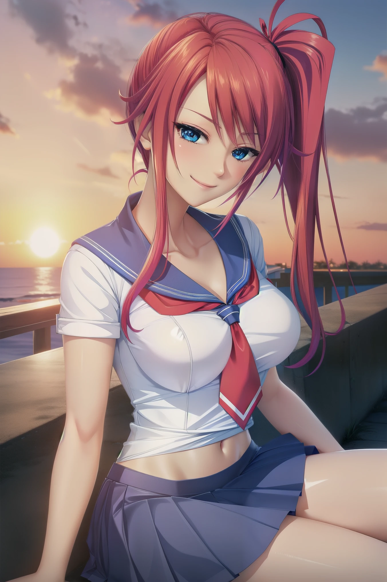 masterpiece, best quality,  inasekohane_tk, 1girl, solo, long hair, breasts, smile, blue eyes, skirt, large breasts, shirt, navel, hair between eyes, sitting, , collarbone, white shirt, short sleeves, red hair, pleated skirt, outdoors, necktie, serafuku, midriff, shiny, miniskirt, sailor collar, shiny hair, side ponytail, blue skirt, neckerchief, floating hair, red necktie, blue sailor collar, red neckerchief, sunset, fence, sailor shirt, chain-link fence, rooftop, dusk