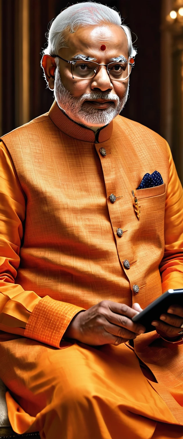 (realistic:1.3), finely detailed, quality, rembrandt lighting, (masterpiece:1.2), (photorealistic:1.2), (best quality), (detailed skin:1.3), (intricate details), dramatic, ray tracing, medium breasts, Starlight,( sitting ),Prime Minister of india Narendra Modiji dressed up a Orange Kurta and pajama, carrying a tablet on your hand and show the screen of tablet,sitting in the chair and table where Indian flag is sitauted, Ultra quality, show 