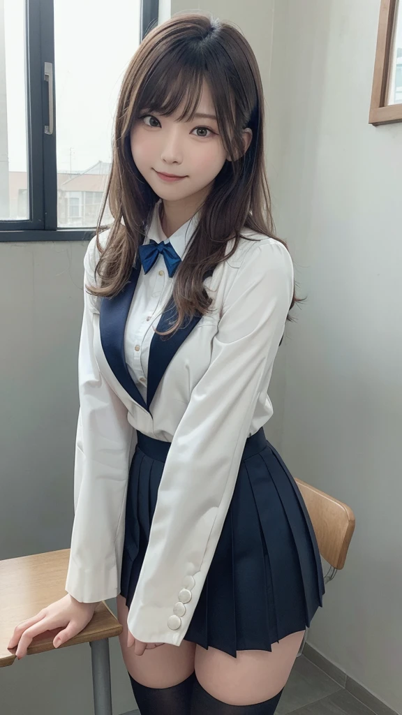 (highest quality,masterpiece:1.3,Ultra-high resolution),(Very detailed,Caustics,8K),(Realistic:1.4,RAW shooting),Front shot,classroom,Chairに座る女の子,forward leaning posture,mechanical,Chair,18-year-old,cute,Short black hair,Smiling and looking at camera,Navy blue blazer uniform,ribbon,White blouse,Navy blue pleated skirt,Navy blue pleated skirt,black tights,Thigh Focus,Thigh close-up,Low position,Low - Angle,Cowboy Shot,Natural light