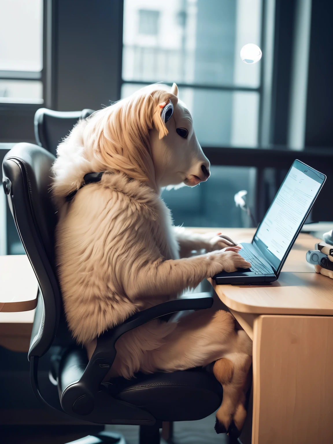 Wide angle lens, full body, hxia, a cow, bubble, full body, no humans, (( from side)), solo, cow sitting on a stool, computer on the table, computer side, A horse stands behind, Mini computer, Computer model toys, cow looks at the computer