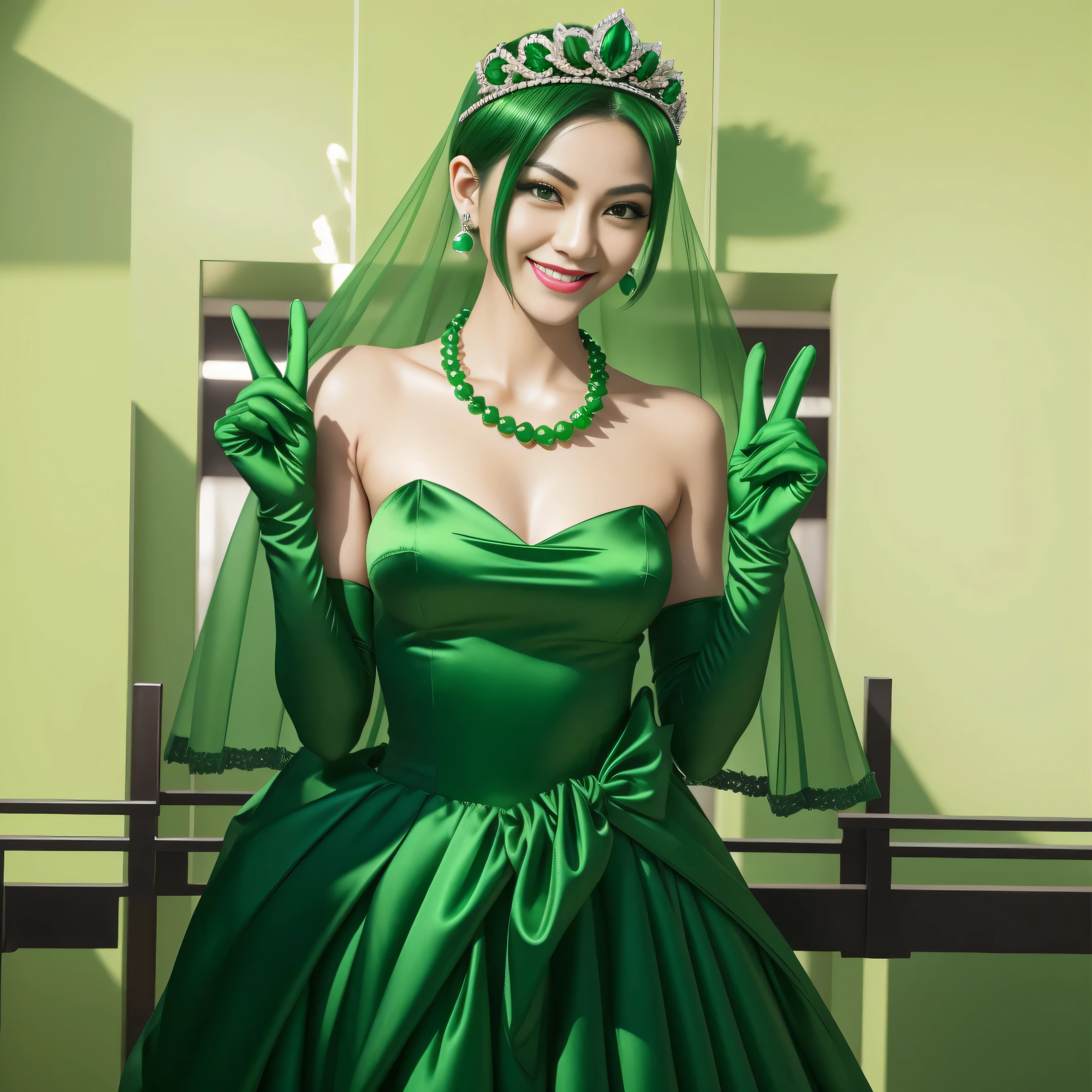 Emerald tiara, Green Pearl Necklace, Boyish very short green hair, lipstick, Smiling Japanese woman, Very short hair, big and beautiful, Green Eyes, Long green satin gloves, Green Eyes, v sign, emerald earrings, Green veil
