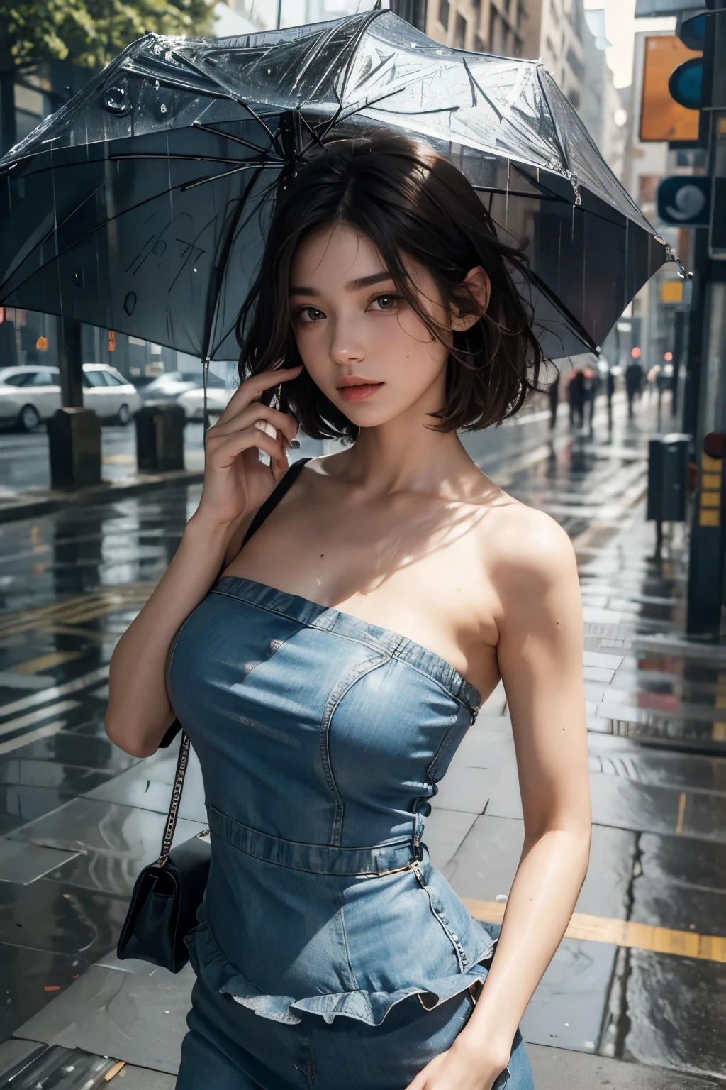 ((Best Quality, 8k, Masterpiece:1.3)), Focus:1.2, Perfect Body Beauty:1.4, Buttocks:1.2, ((Layered Haircut, Breasts:1.2)), (Wet Clothes:1.1) , (Rain, Street:1.3), Bandeau Dress: 1.1, Highly Detailed Face and Skin Texture, Fine Eyes, Double Eyelids, Whitened Skin, Long Hair, (Shut Up: 1.3), close-up