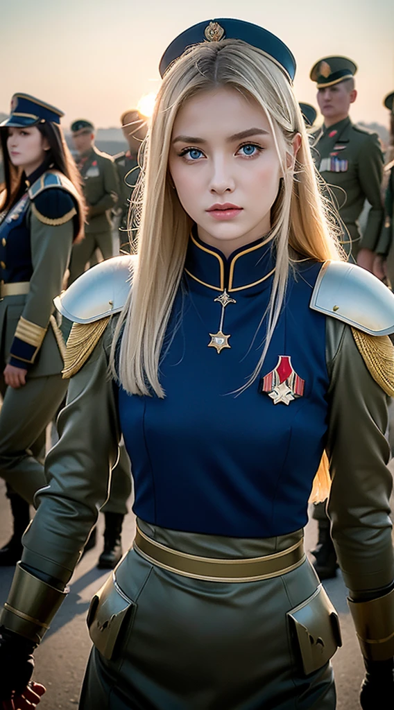 4k HD,Asian beautiful girl,Ukrainian female soldiers,blue color eyes,Golden hair,clothed in military armor,(The background is army columns、military base),(Parade phalanx,full armour),Exquisite facial features,delicated face,Beautiful and pure,heroic look,Temperamental,Raised sexy,Slim and slender body,The chest is large,8K resolution,16K highest quality,What texture 5.0,Square at sunset,walking towards camera,(((Military uniformed set))),Make a deep and lingering impression。High-resolution live photos,fully body photo,(depth of fields)
