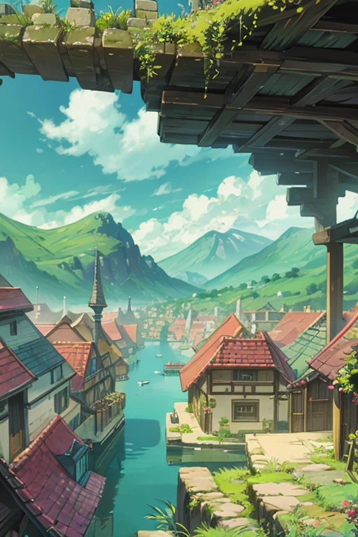 fantasy world, estilo isekai de anime, zona costera, playa con comercio, estilo pixel art,