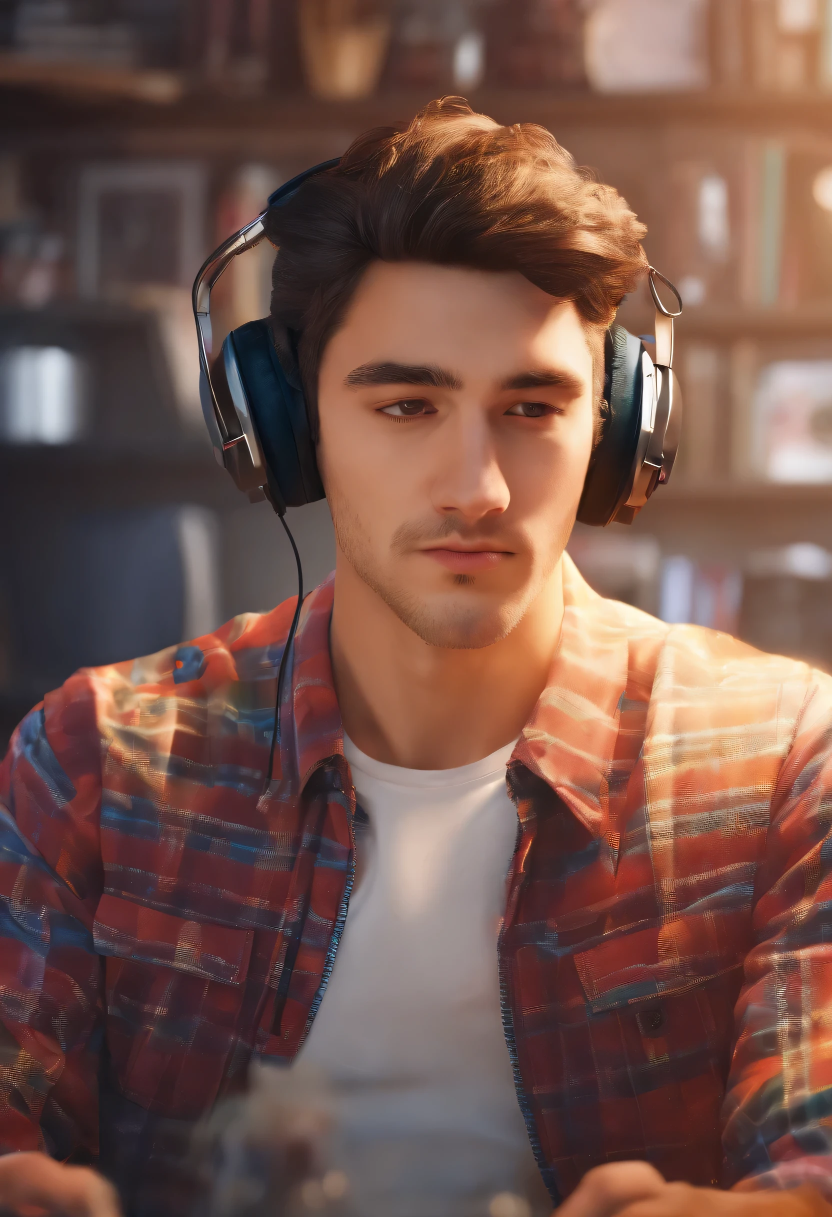 Create a compelling double-exposure photograph that seamlessly combines the presence of an 18-year-old Caucasian man wearing headphones and the wonders of video games.