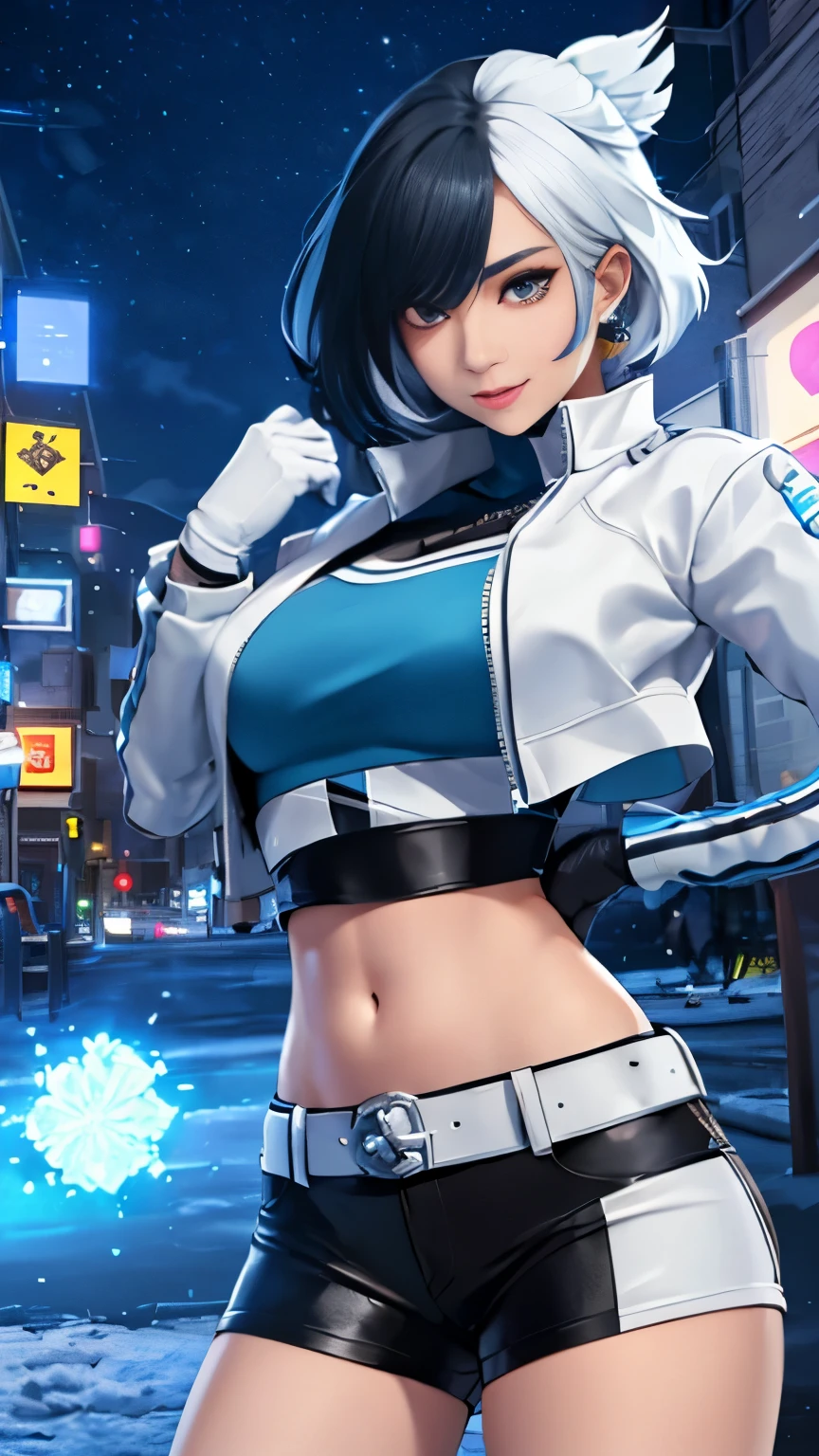 (Highly quality, masterpiece, detailed), night snowing city detailed scenario, night snowing city detailed background, 20 years old girl, solo, luna_snow, happy faces, black hair, white hair, multi-colored hair, short hair, blue eyes, white eyes, multicolored eyes, black Leather crop top jacket, white leather shorts, white midriff, blue midriff, multicolored midriff, black gloves, white gloves, multi colored gloves, show her ices powers ,navel, perfect face, beautiful eyes, looking at the viewer, Sexy pose