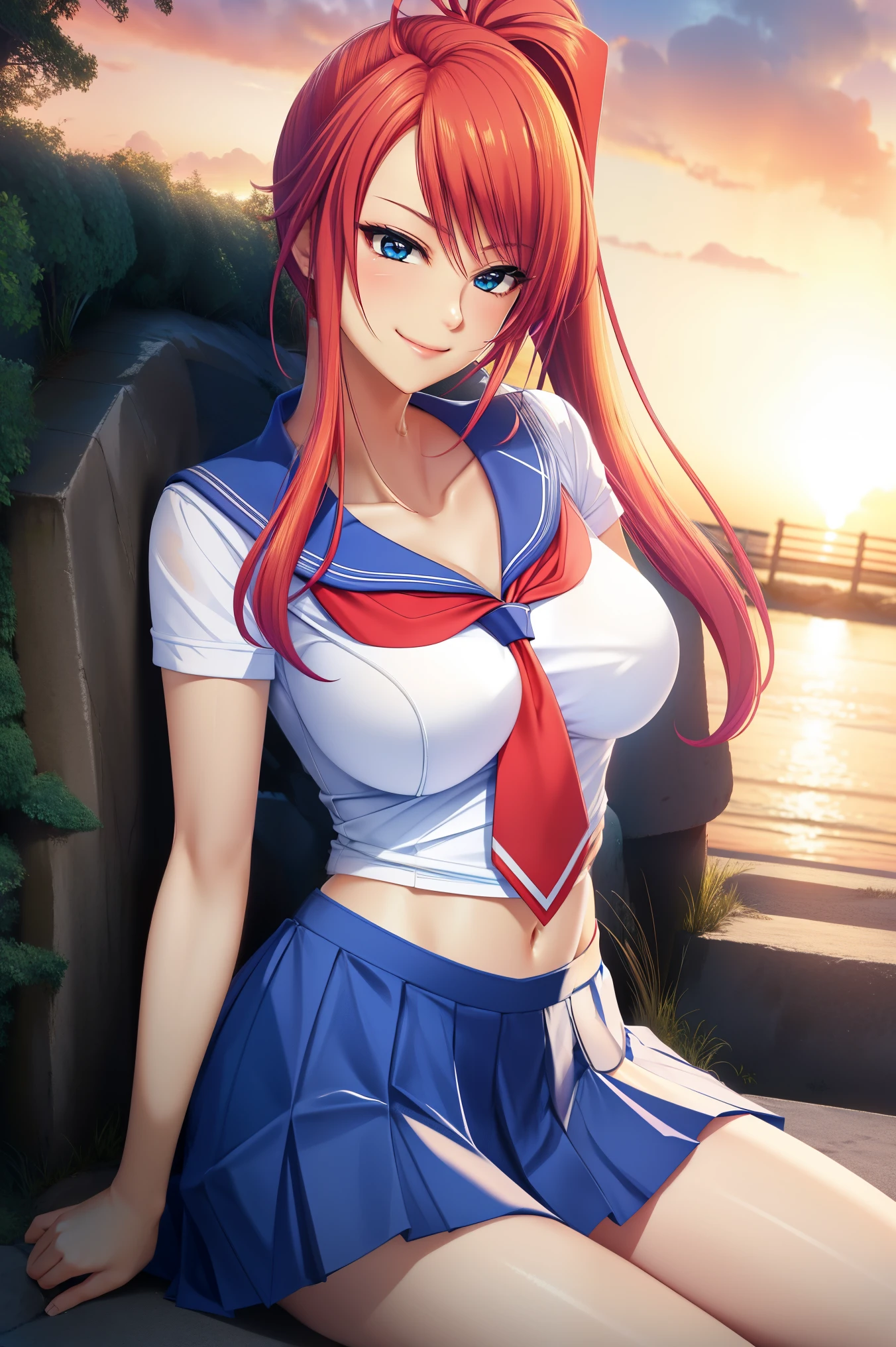 masterpiece, best quality,  inasekohane_tk, 1girl, solo, long hair, breasts, smile, blue eyes, skirt, large breasts, shirt, navel, hair between eyes, sitting, , collarbone, white shirt, short sleeves, red hair, pleated skirt, outdoors, necktie, serafuku, midriff, shiny, miniskirt, sailor collar, shiny hair, side ponytail, blue skirt, neckerchief, floating hair, red necktie, blue sailor collar, red neckerchief, sunset, fence, sailor shirt, chain-link fence, rooftop, dusk