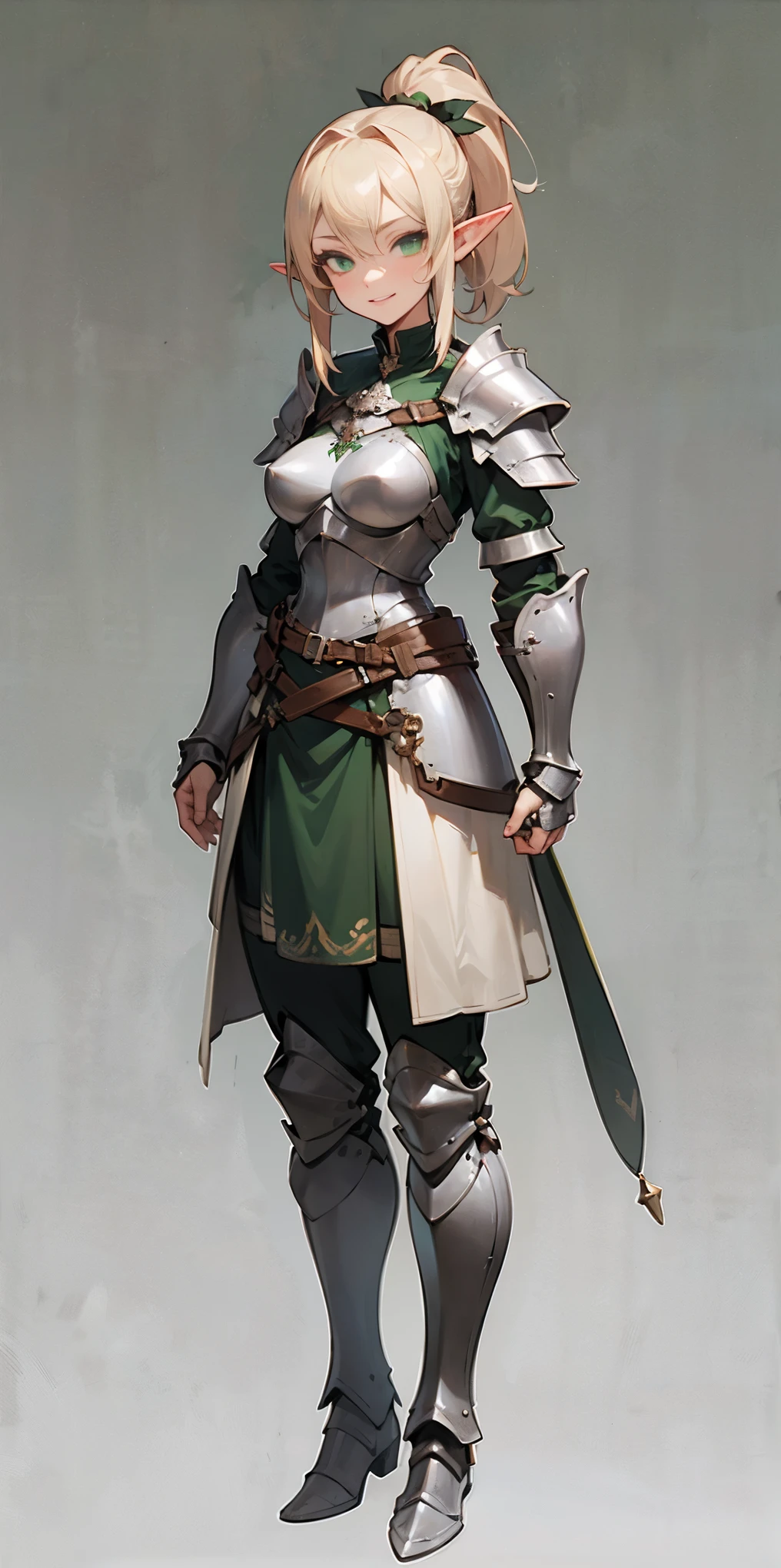 hands on sides, (masterpiece), ultra-detailed, 1girl, detailed eyes, medium breasts, gray background, elf, elf ears, (full body), , green eyes, gray background, full plate armor, comfident smile, staring at the viewer, blond hair in a ponytail, standing