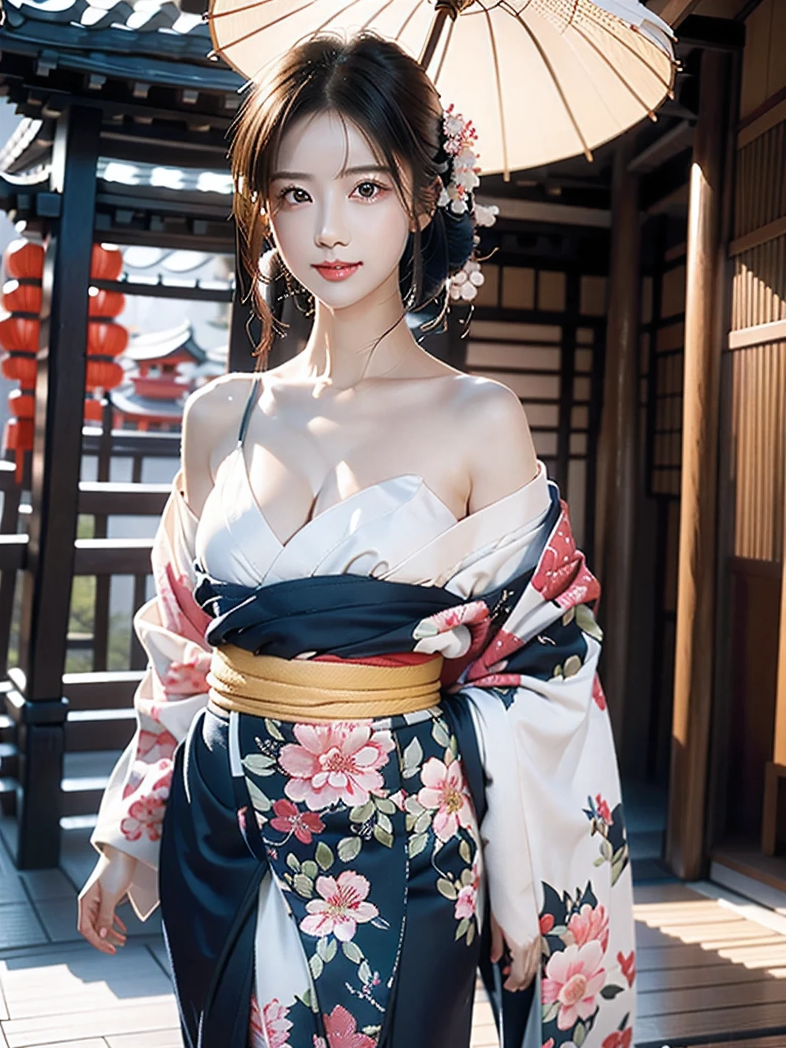 1girl, extremely beautiful, extremely cute, Amazing face and eyes, (big round eyes:1.15), very calm expression, (extremely detailed beautiful face), (Courtesan style beautiful and Cute floral kimono:1.5), (bare shoulders), (big breasts:1.2), (Best Quality:1.4), (Ultra-detailed), (Ultra realistic, photo-realistic:1.37), beautiful fair skin, extremely detailed CG unified 8k wallpaper, raw photos, professional photograpy, cinematic lighting, sitting, spread legs wide open, (groin groove, private part:1.2), (thin pubic hair:0.8), Staring at me, (beautiful floral wallpaper), bedroom, futon, pillow, darkly lit bedroom, candle lighting, peaceful atmosphere, (Courtesan style:1.3),