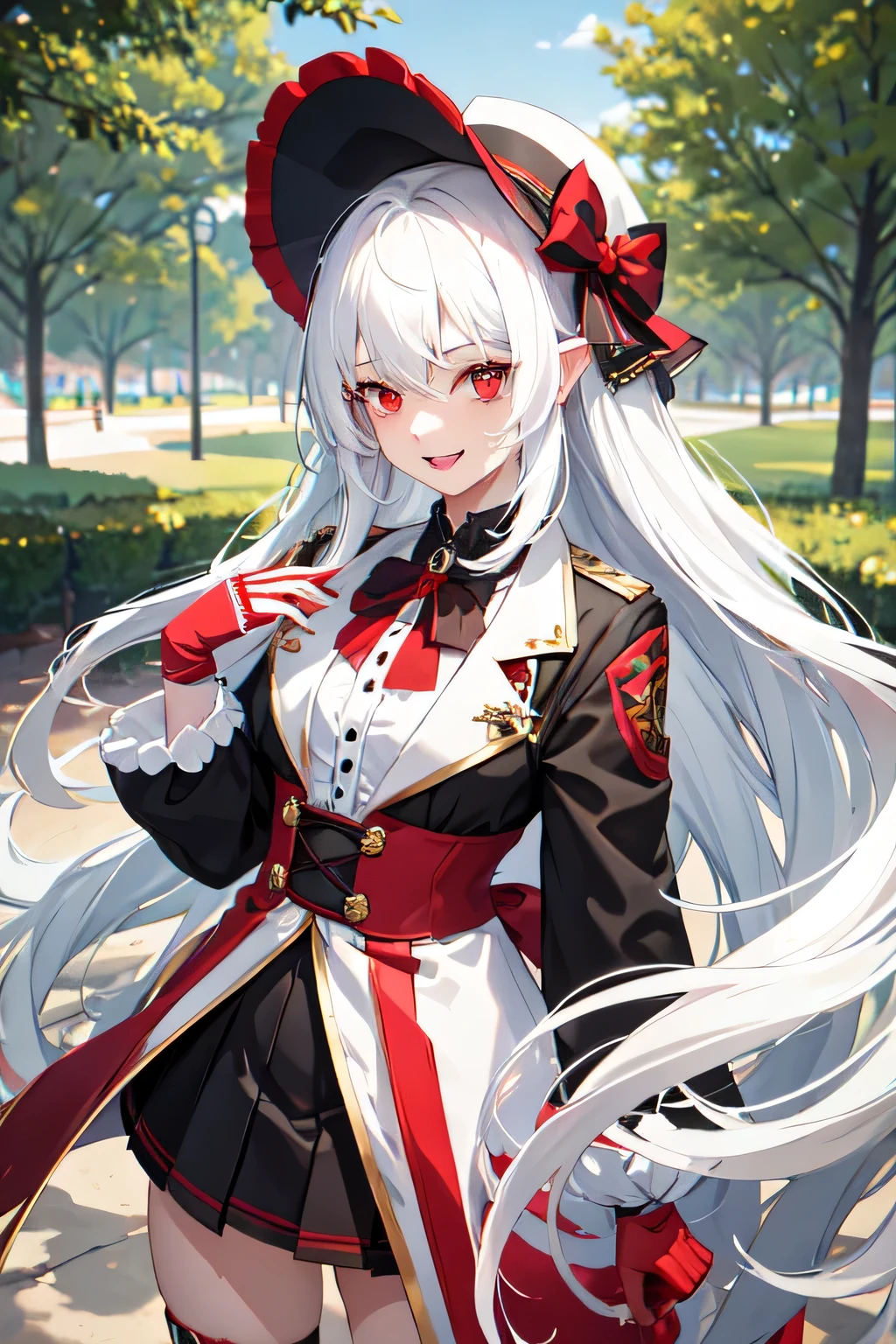 1girl,20y.o,cosplaying,white hair,long hair,ponybairstyle,red eyes,park background, happy expression