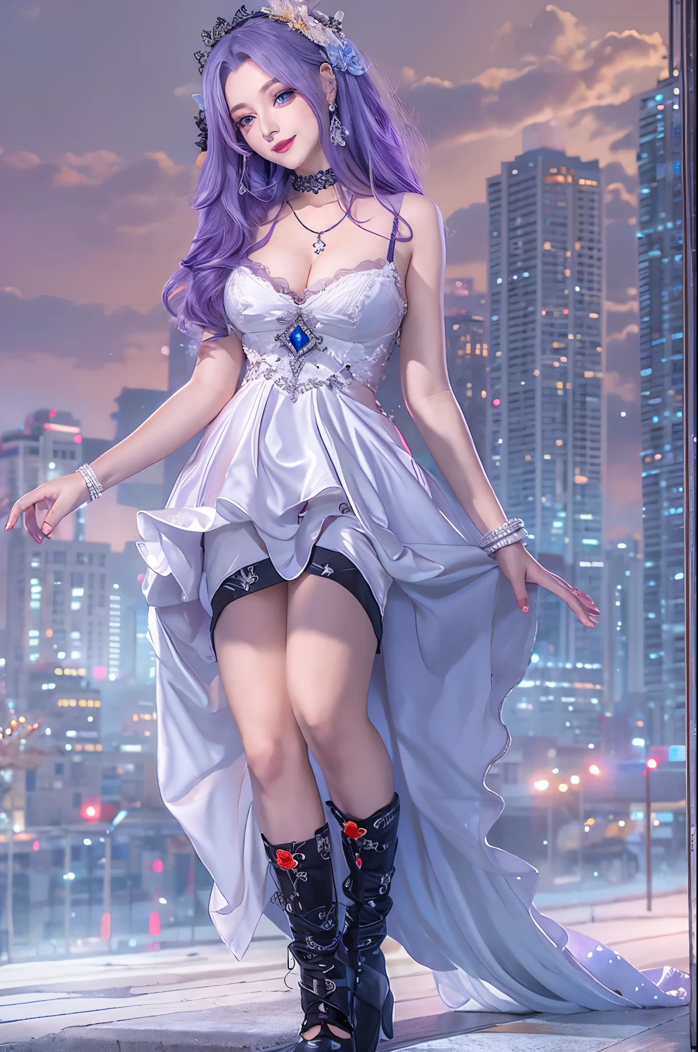 (Masterpiece), (Best quality), In winter, Sunset, Cityscape, (Huge_filesize), (Real), (Realistic), Girl, Long hair, Purple hair, Wavy hair, Makeup , Light smile, Blue eyes, Medium breasts, Wedding_dress, Bare_bshoulders, white thighhighs, Earrings, jewelry, Black choker , necklace, Turning around,
