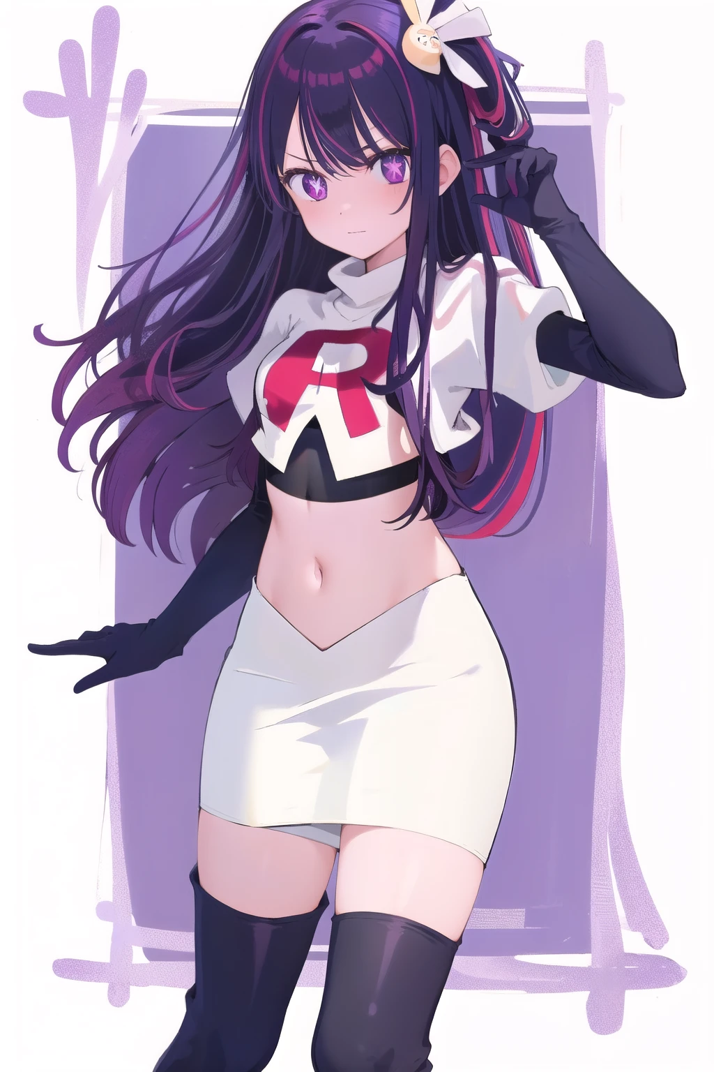 1girl, Hoshino Ai, long hair, purple hair, streaked hair ,purple eyes, star-shaped pupils, hair ornament, team rocket,team rocket uniform,white skirt,red letter R,crop top,black thigh-highs,black elbow gloves