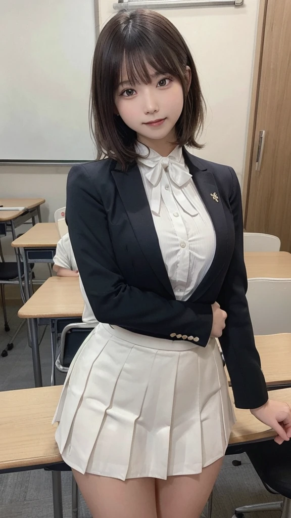(highest quality,masterpiece:1.3,Ultra-high resolution),(Very detailed,Caustics,8K),(Realistic:1.4,RAW shooting),Front shot,classroom,Chairに座る女の子,forward leaning posture,mechanical,Chair,,cute,Short black hair,Smiling and looking at camera,Blazer uniform,ribbon,White blouse,Pleated skirt,Pleated skirt,Thigh Focus,Thigh close-up,Low position,Low - Angle,Cowboy Shot,Natural light