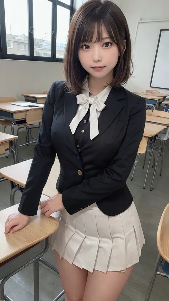 (highest quality,masterpiece:1.3,Ultra-high resolution),(Very detailed,Caustics,8K),(Realistic:1.4,RAW shooting),Front shot,classroom,Chairに座る女の子,forward leaning posture,mechanical,Chair,,cute,Short black hair,Smiling and looking at camera,Blazer uniform,ribbon,White blouse,Pleated skirt,Pleated skirt,Thigh Focus,Thigh close-up,Low position,Low - Angle,Cowboy Shot,Natural light