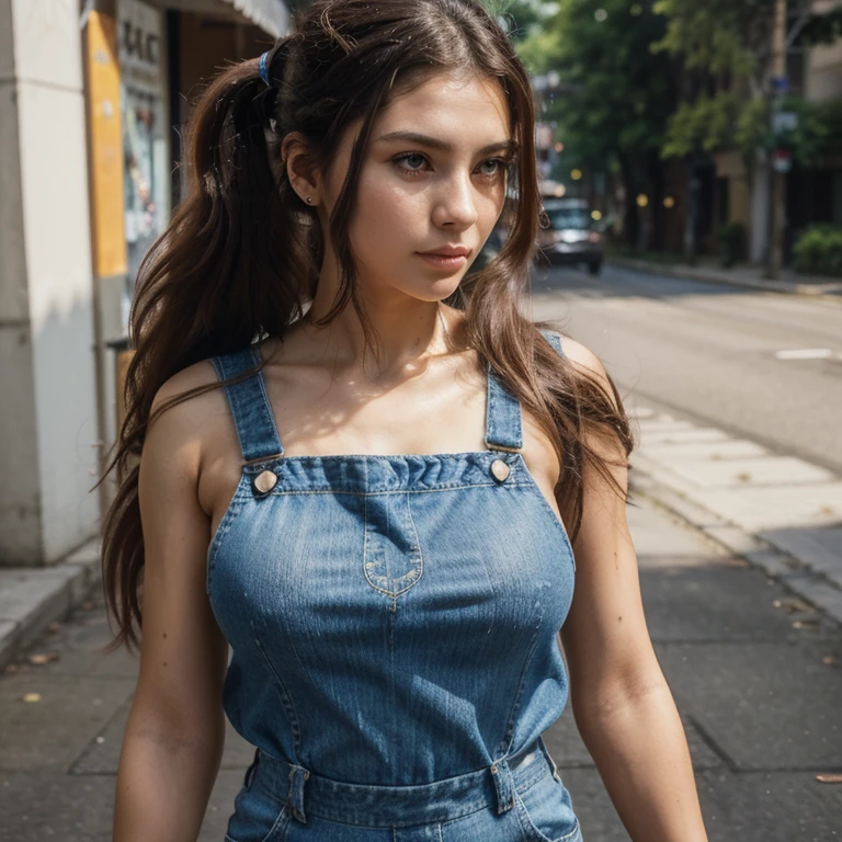 a photo of pho3b3cat3s, beautiful woman, ((24 years old)), street, tshirt, denim overalls, 1980s, retro, long wavy dark hair ponytail, (masterpiece), (extremely detailed CG unity 8k wallpaper), Intricate, ((photorealistic)),