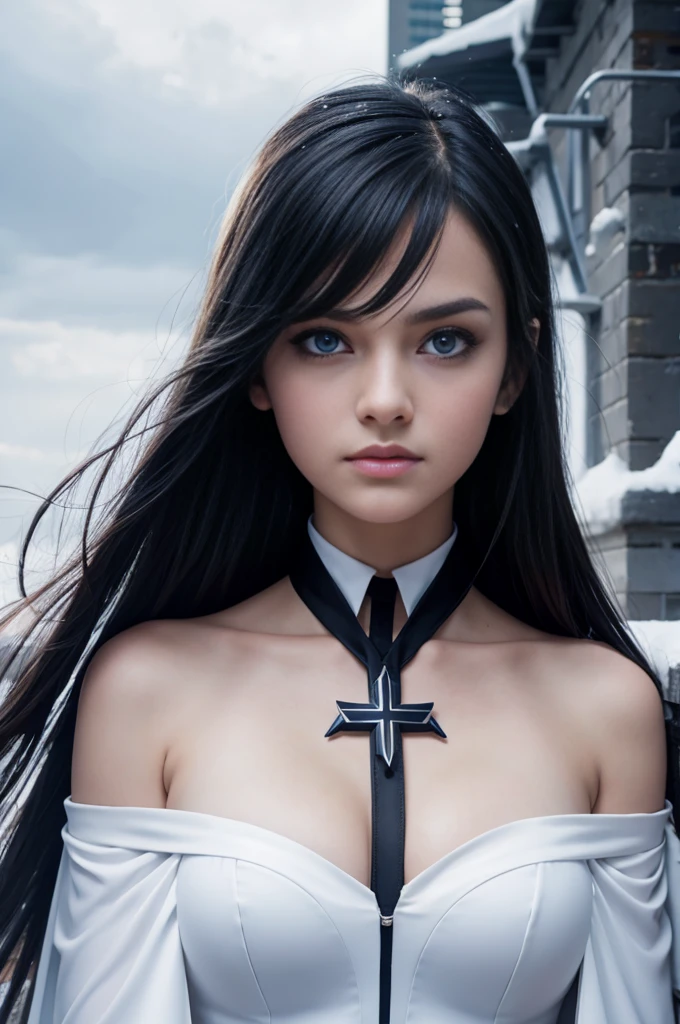 super villain, girl, evil, teen13 yearslack hair and blue eyes, detailed face, small breasts, angelical face, cleavage, small breasts, teen (1.3), white, d with cape, desing with christian cross , ice power, background in snow