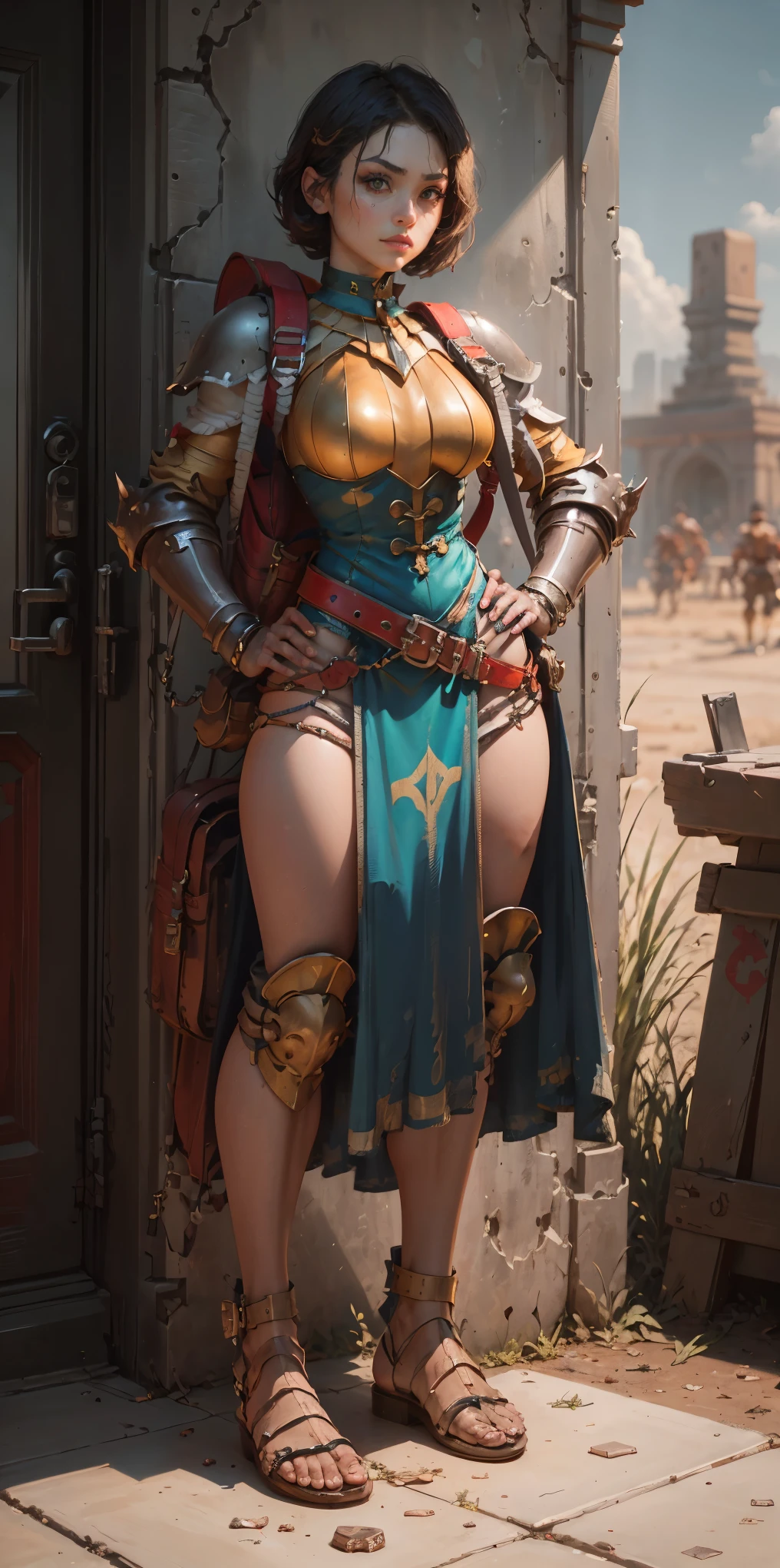 full body, whole body. 1solo (girl). slave fighter, loincloth standing, hands on hips full body, whole body. 1solo (girl). slave fighter, loincloth standing, hands on hips, metal sandals, backpack, choker, big belt, view from below, feet together, bracers, tiara