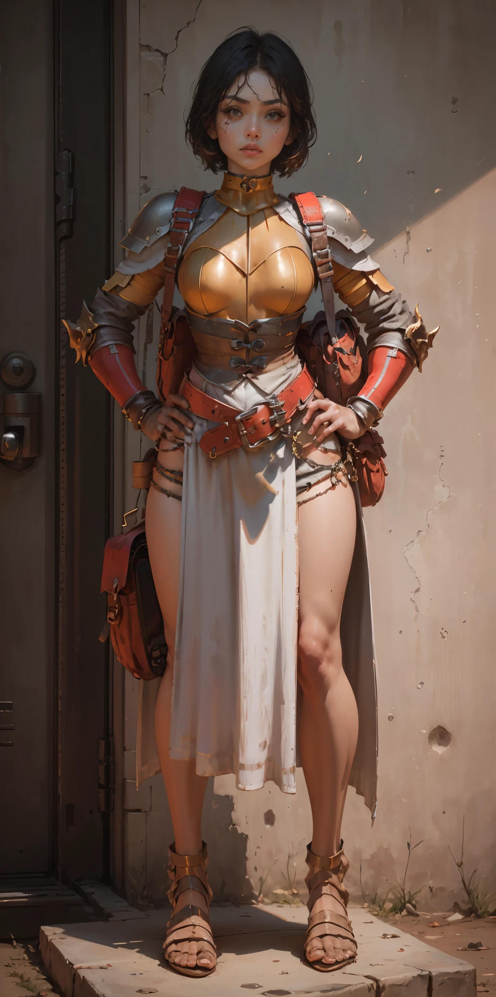 full body, whole body. 1solo (girl). slave fighter, loincloth standing, hands on hips full body, whole body. 1solo (girl). slave fighter, loincloth standing, hands on hips, metal sandals, backpack, choker, big belt, view from below, feet together, bracers, tiara